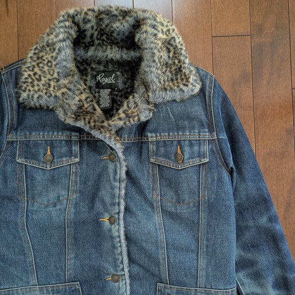 LEOPARD PRINT FUR LINED VINTAGE Y2K 2000s JEAN COAT - Picture 2 of 4